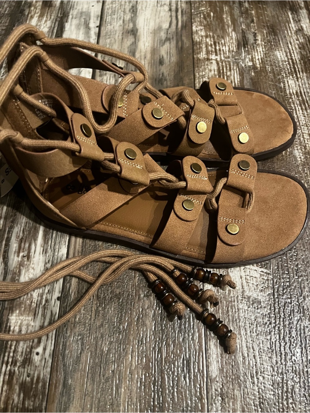 No Boundaries Women's Brown Lace-Up Gladiator Sandals with Beaded Ties